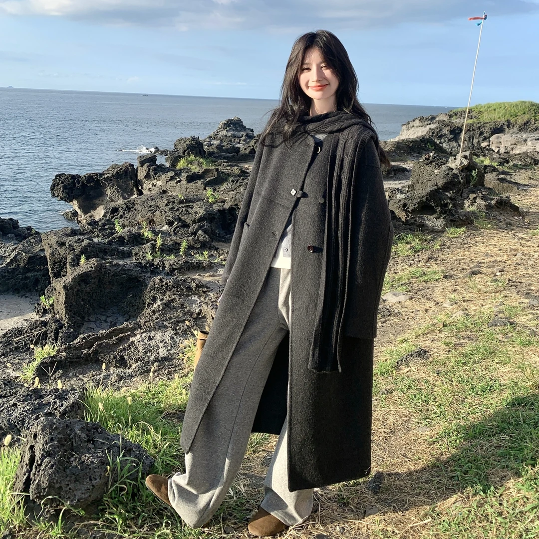 2025可拆针织连帽围巾双面羊绒大衣女富家千金羊毛呢外套秋冬新款