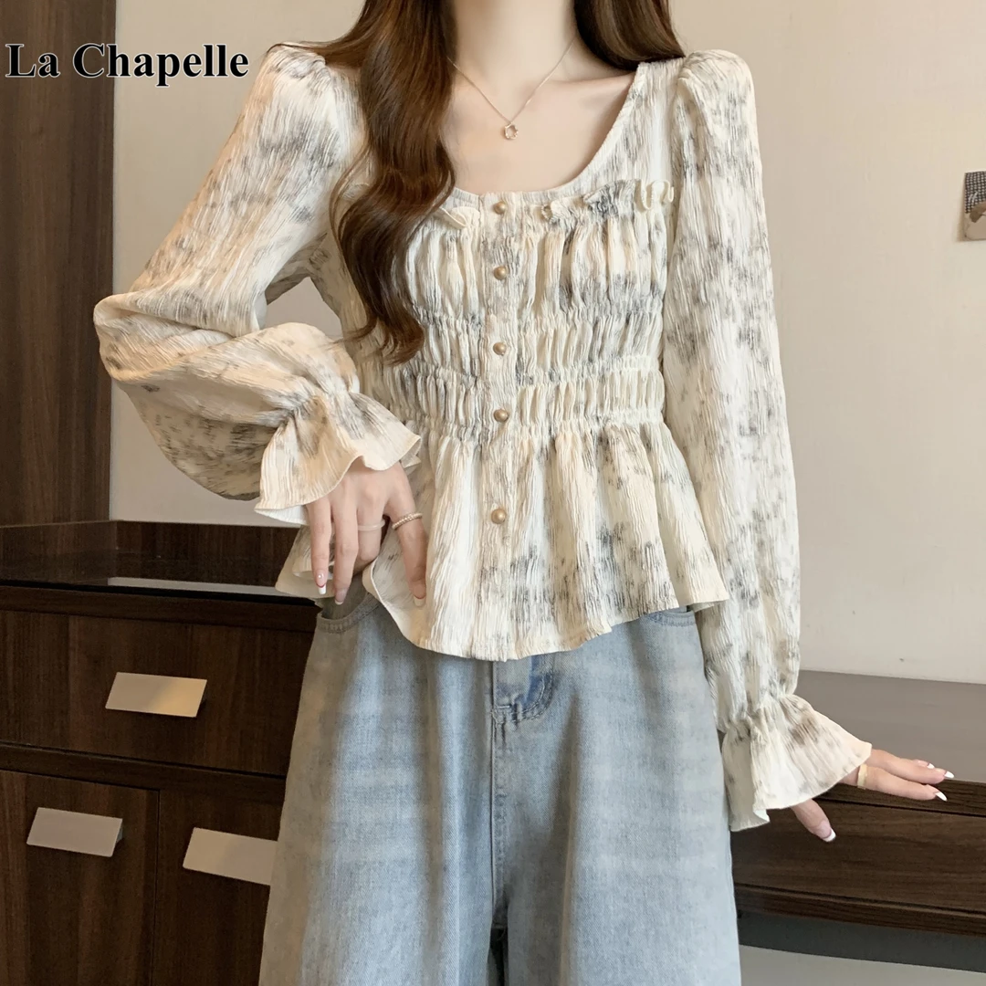 拉夏贝尔法式方领衬衫秋季装女2025新款洋气收腰小衫褶皱扎染上衣