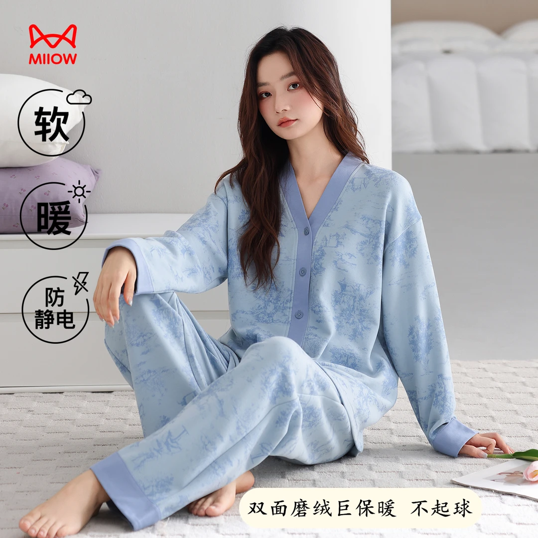 猫人睡衣女士秋冬季桑蚕丝德绒新款保暖开衫大码加厚不起球家居服