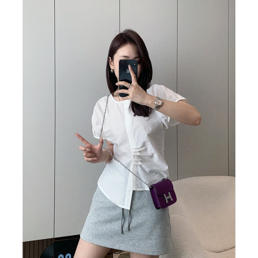 【悠悠日记】褶皱收腰圆领显瘦白色小衫上衣