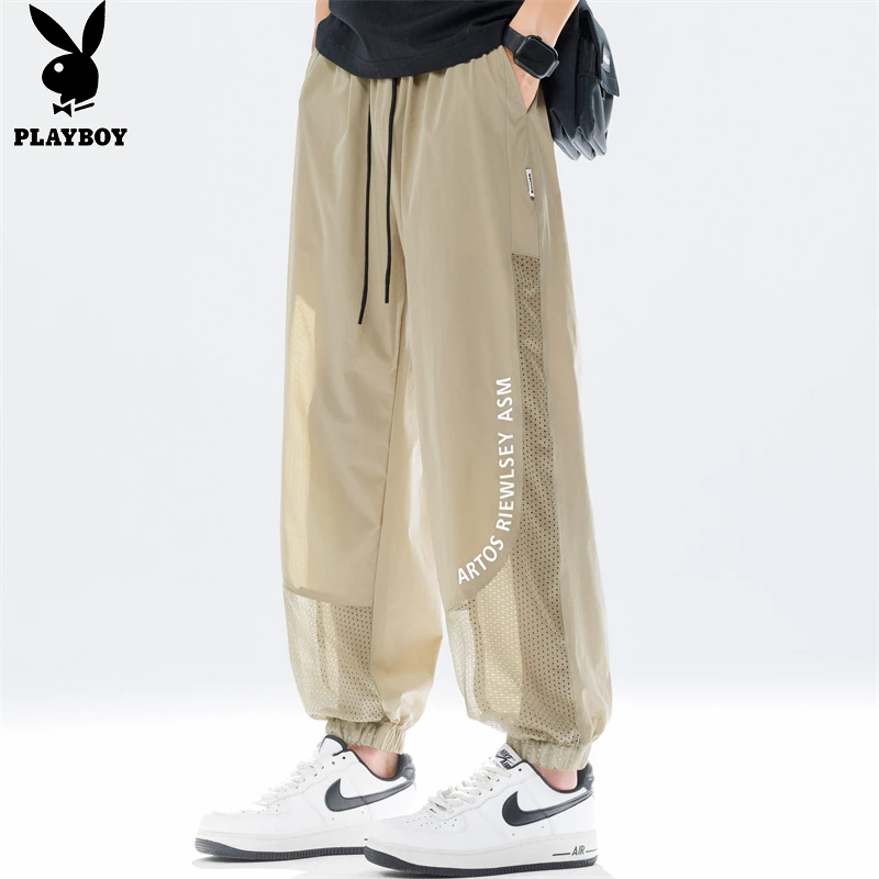 花花公子宽松休闲裤夏季薄款速干裤子男潮拼接网眼透气束脚运动裤