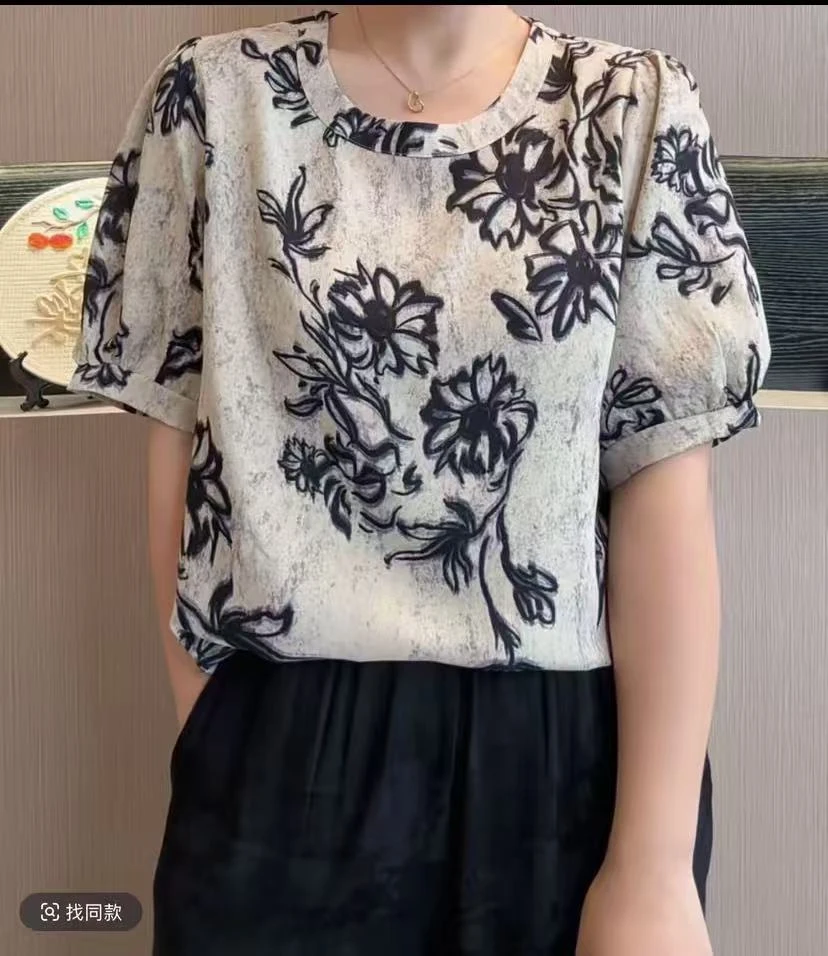 夏季新款圆领短袖气质减龄百搭中老年妈妈装女士小衫
