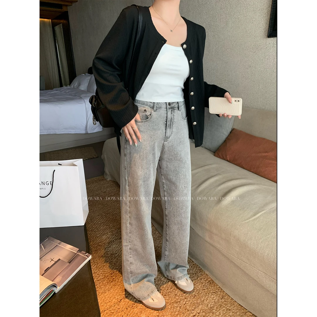 现货大婉酱微胖定制灰色直筒牛仔裤春款宽松高腰显瘦长裤子 7937D