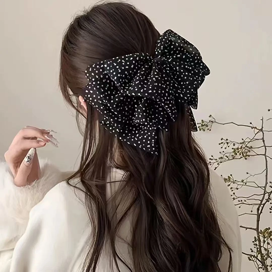 法式复古波点蝴蝶结抓夹低马尾鲨鱼夹发夹气质百搭发饰女
