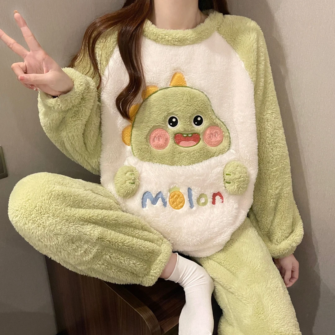 2025秋冬毛茸茸甜美可爱卡通口袋学生少女法兰绒冬天保暖家居套装