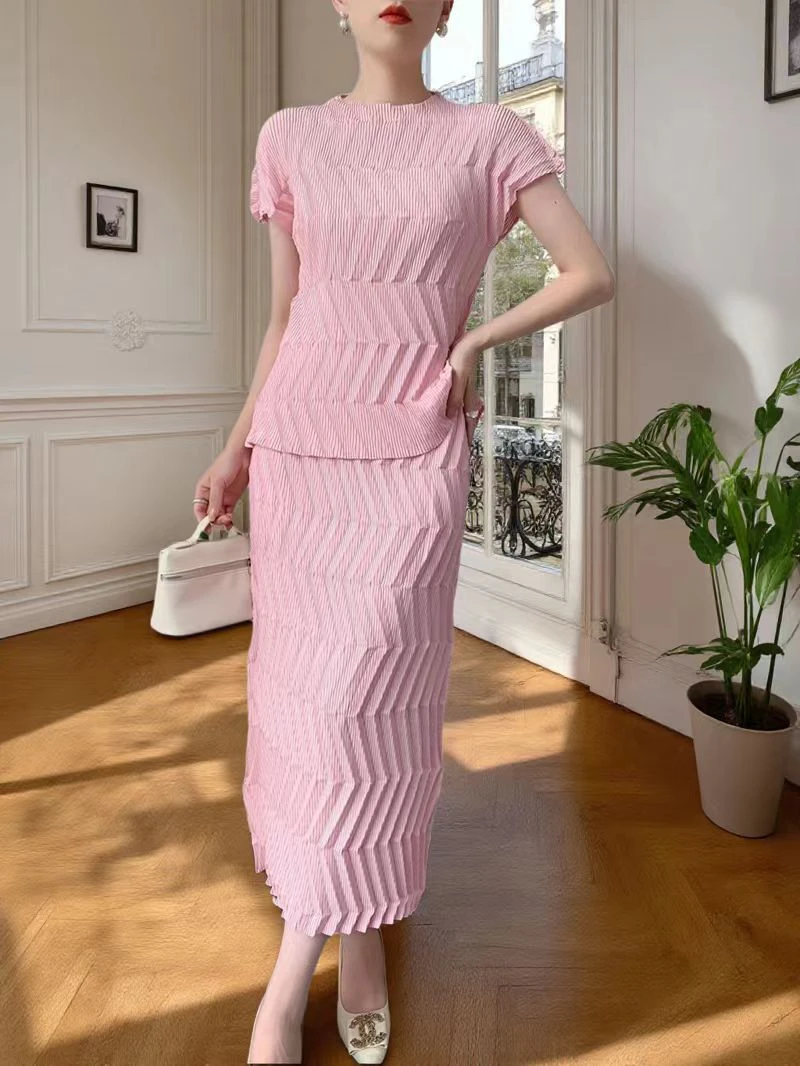 三宅风手工褶套装夏季2025新款上衣+半裙气质减龄时尚显瘦