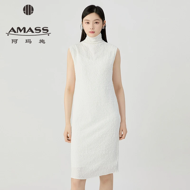 AMASS/阿玛施新中式优雅肌理感无袖烟管领连衣裙附内搭550017