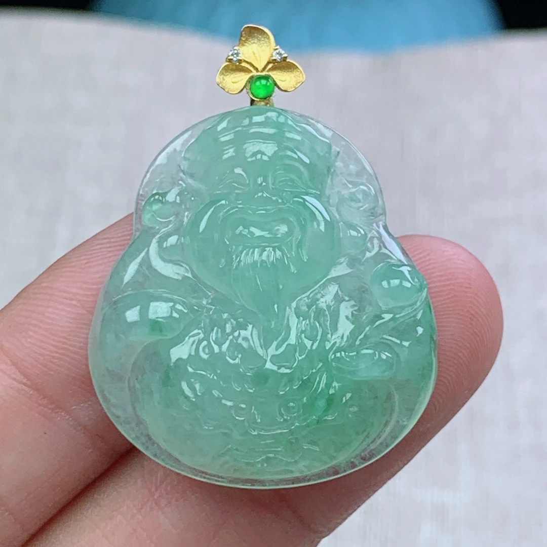 x缅甸天然翡翠A货29.6-27.3-7玉石冰种满绿财神爷吊坠礼物绿色