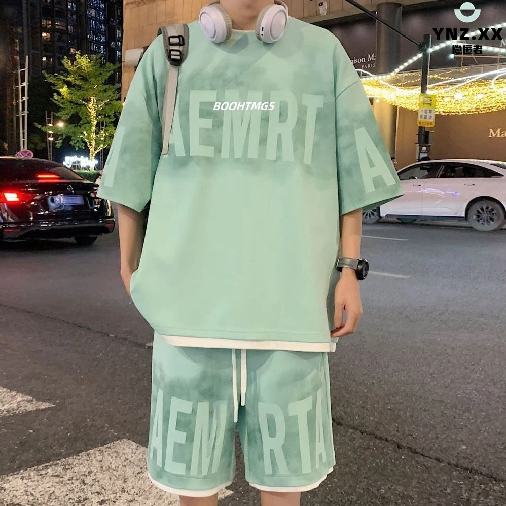 假休闲套装夏季男装潮流时尚帅气青年宽松大码短袖短袖套装