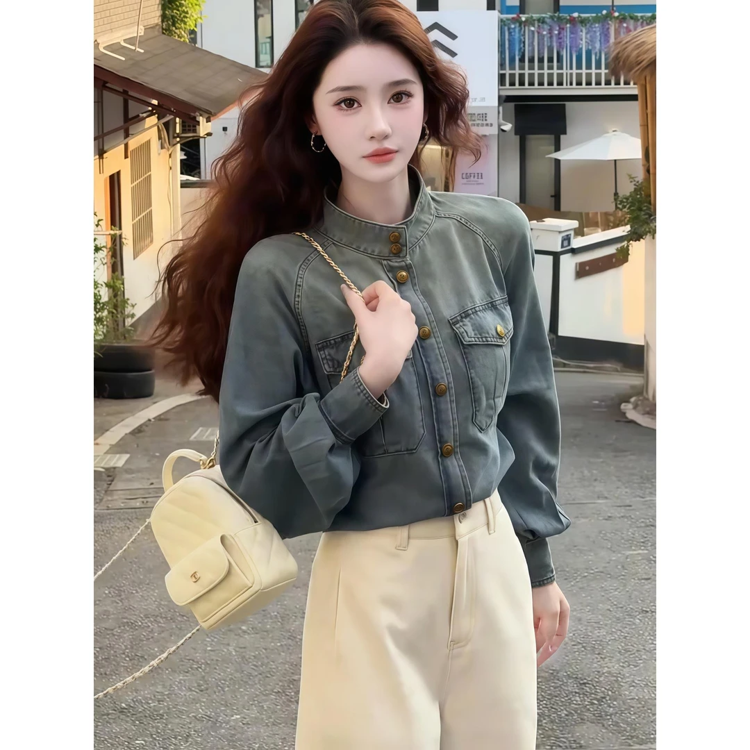 【严选】设计感立领长袖牛仔衬衫2025秋季单排扣宽松休闲开衫薄上衣