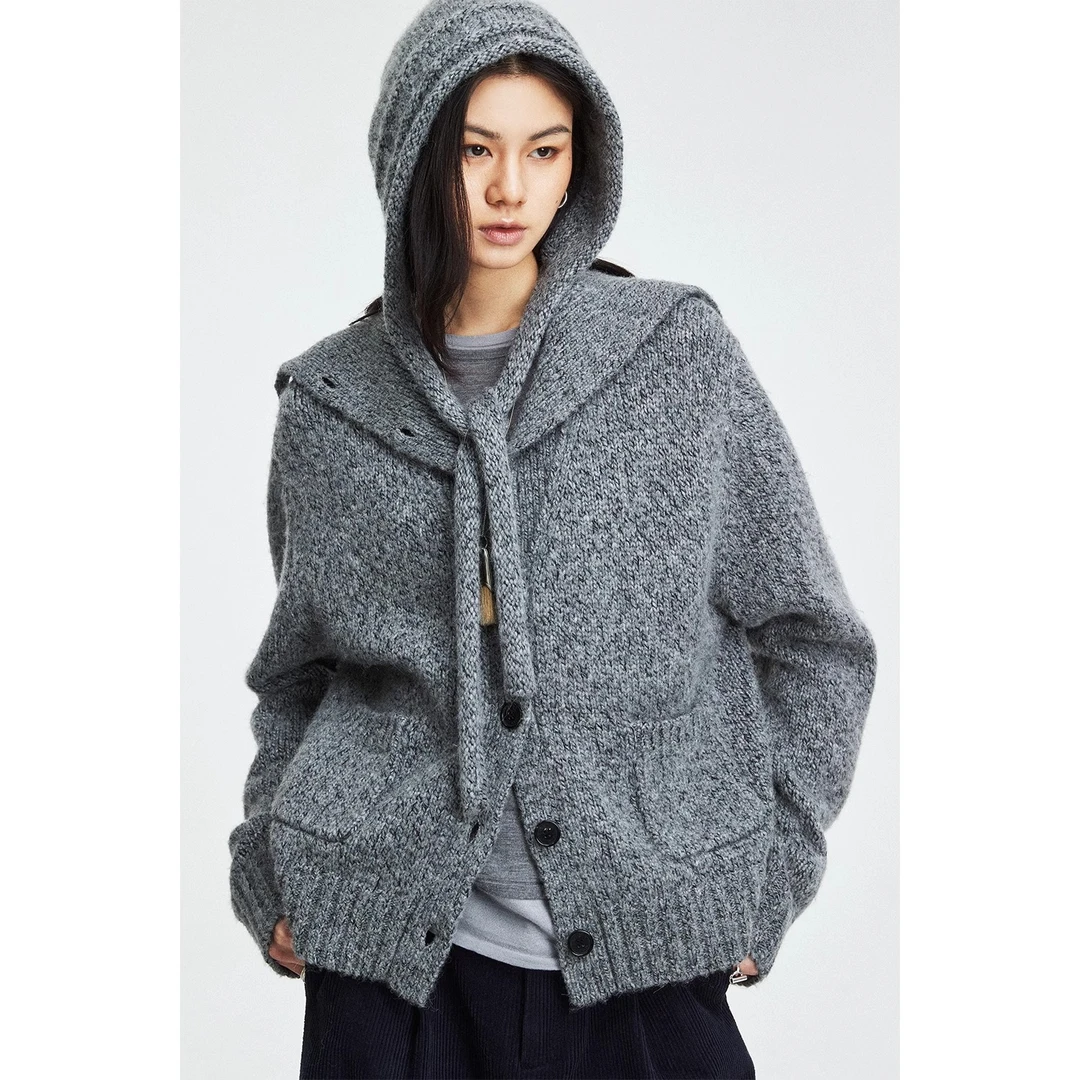 MRS Studios重磅原创羊驼羊毛混纺花式纱MIU风翻领开衫/廓形毛衣