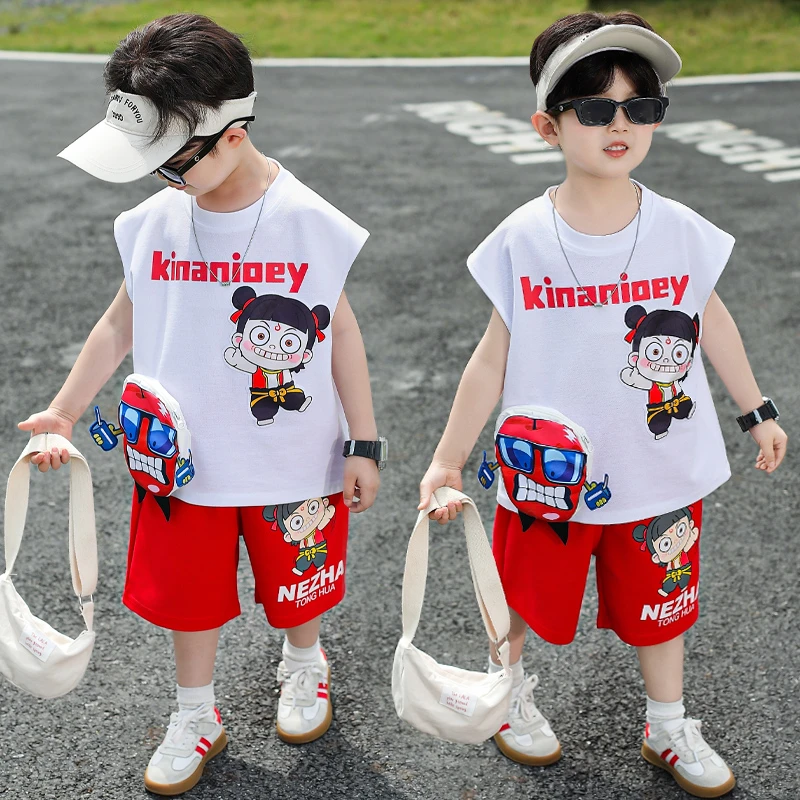 哪吒儿童衣服2025新款男童夏套装时髦帅气宝宝夏装小男孩薄款无袖