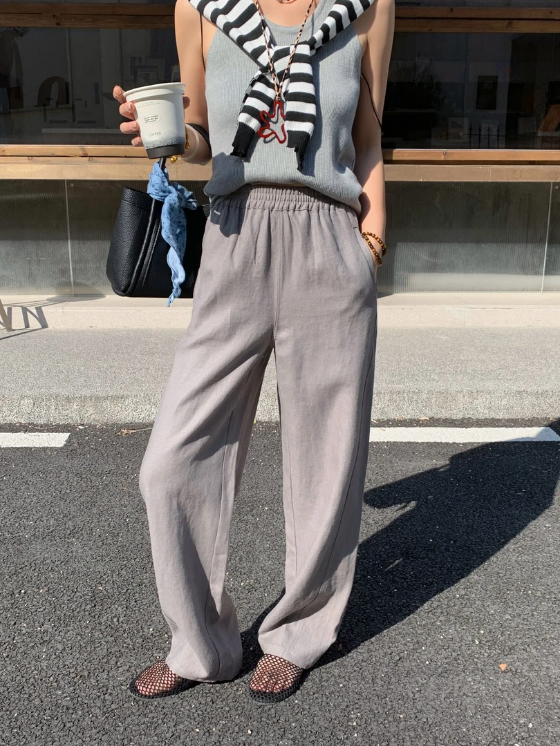 深圳南油2025新款后面两口袋黑白砖红三色松紧腰头休闲裤5803