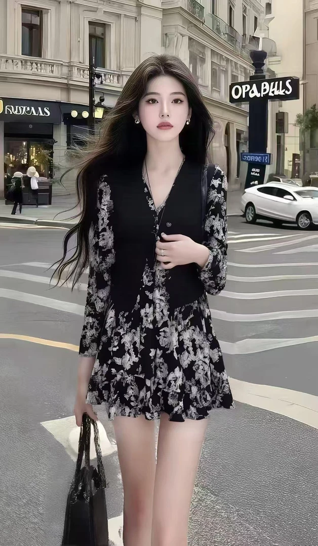 法式休闲风氛围感时尚套装撞色印花V领长袖连衣裙+黑色百搭马甲
