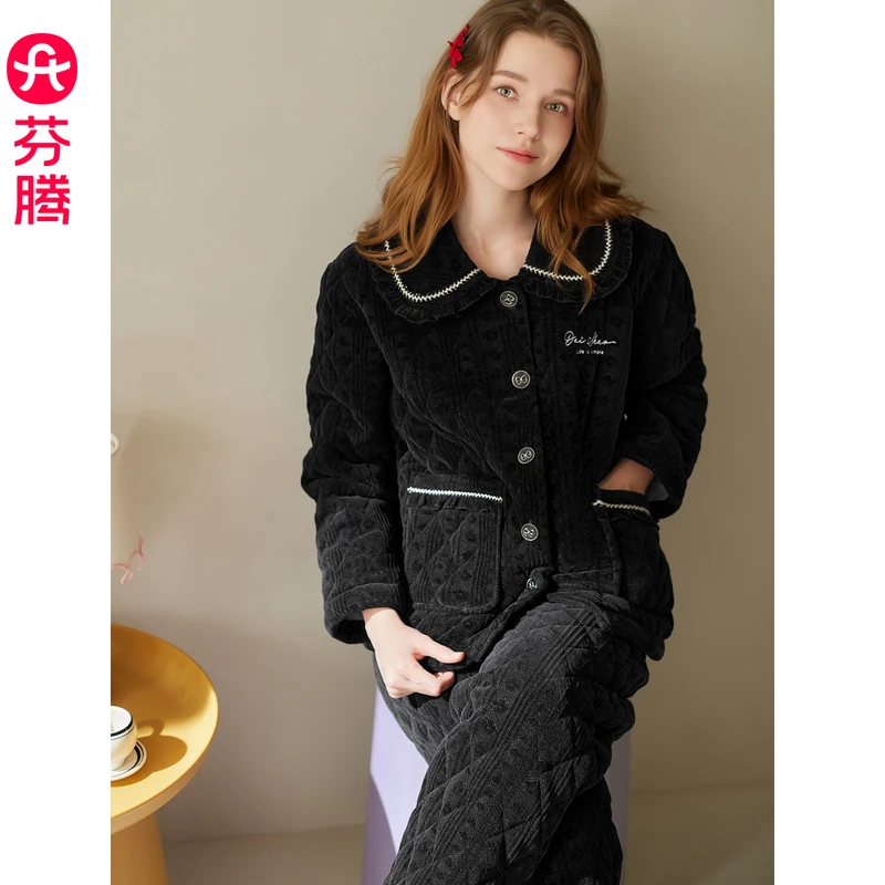 芬腾睡衣女冬季三层加厚夹棉珊瑚绒棉袄套装女款抗静电家居服