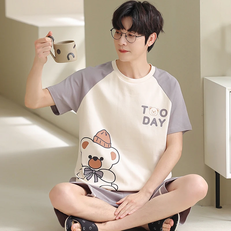 男士睡衣夏季棉质短袖卡通青少年男式夏天学生新款薄款家居服套装