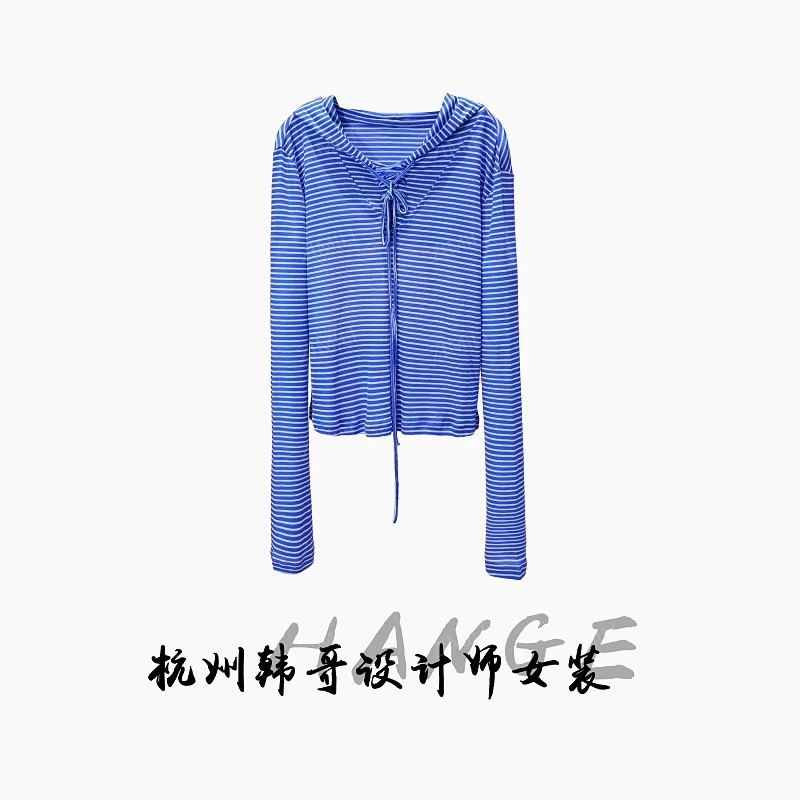 【韩哥女装】2025蓝色经典细条纹拼接蕾丝连帽时尚爽肤衣9037-A9