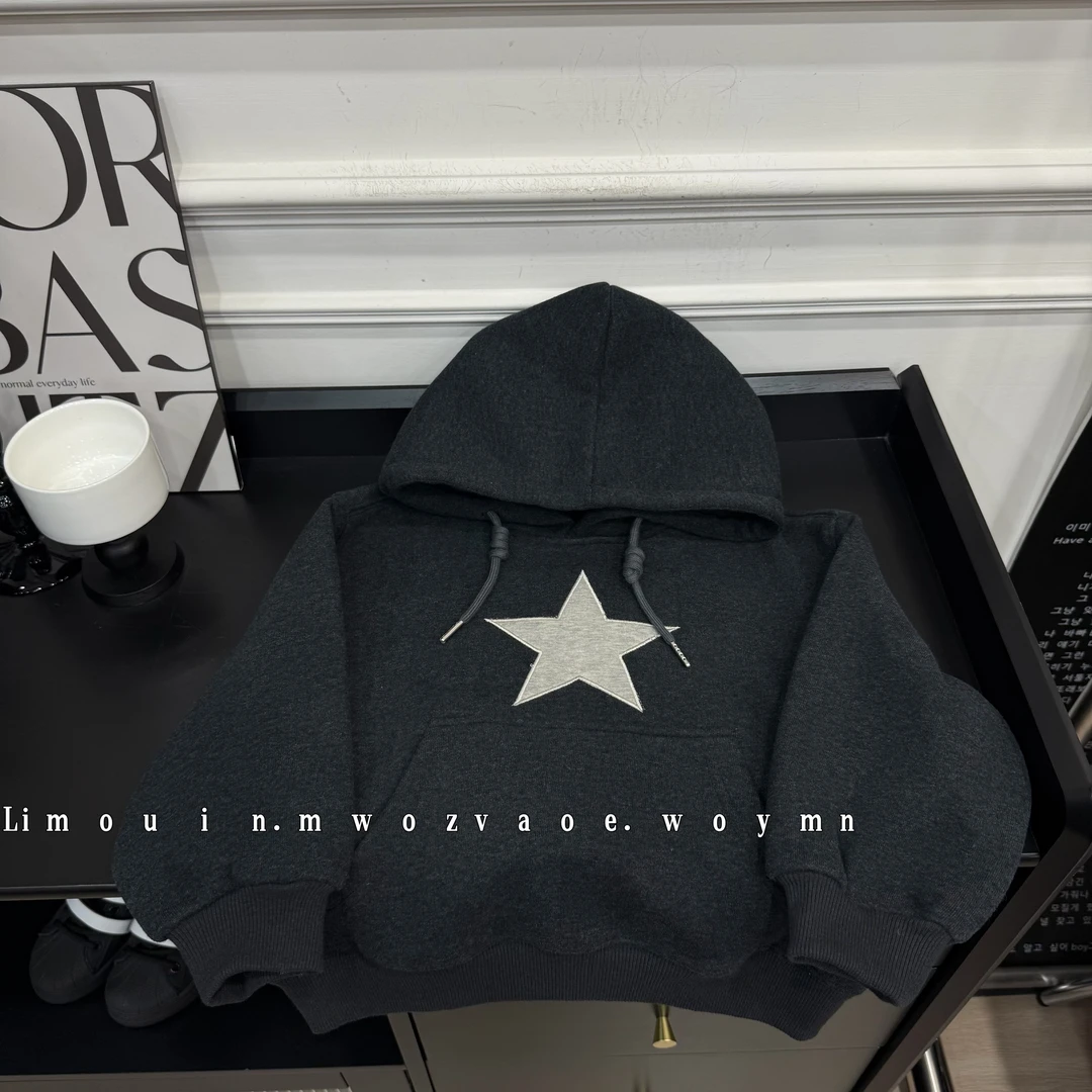 现货清仓加绒款连帽秋冬款男女童宽松连帽贴布绣卫衣长袖