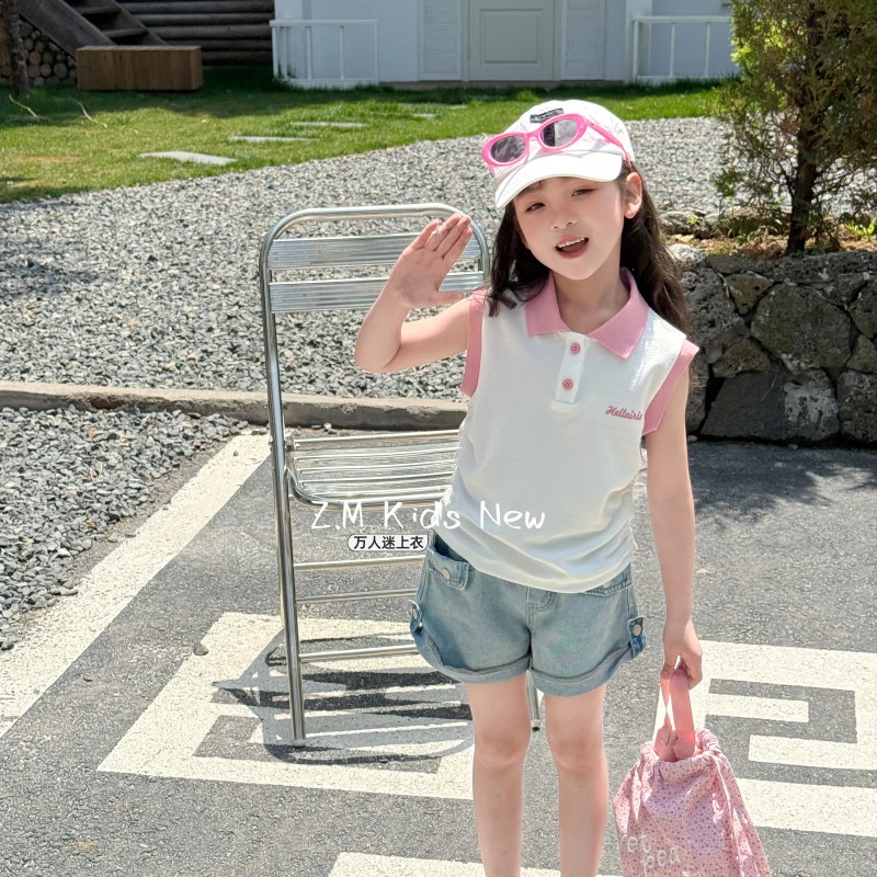 【万人迷】2025夏季儿童翻领无袖上衣透气POLO衫女童T恤B-58371