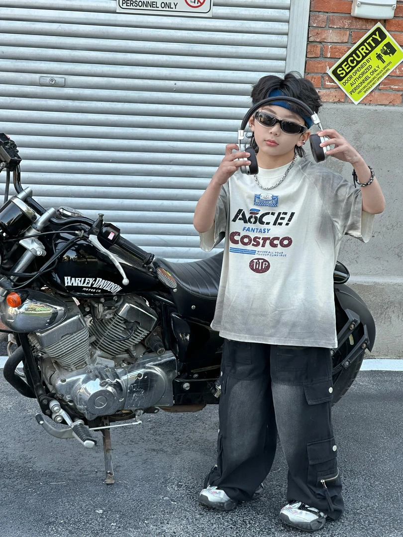 25新款儿童夏季喷黑短袖中大童印花时尚潮流衣服洋气