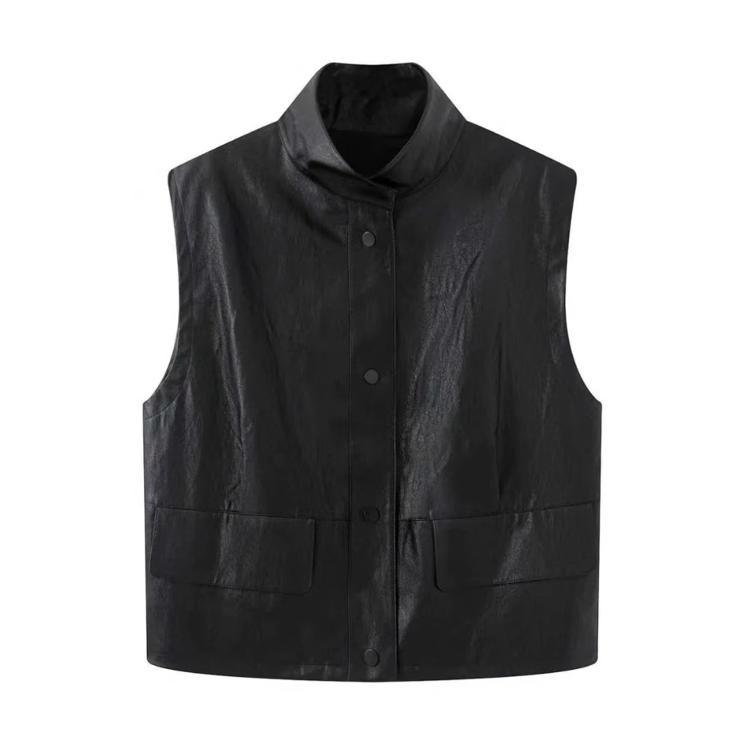 艾诺家商场同款2025秋新款宽松简约立领无袖PU皮马甲外套女153110