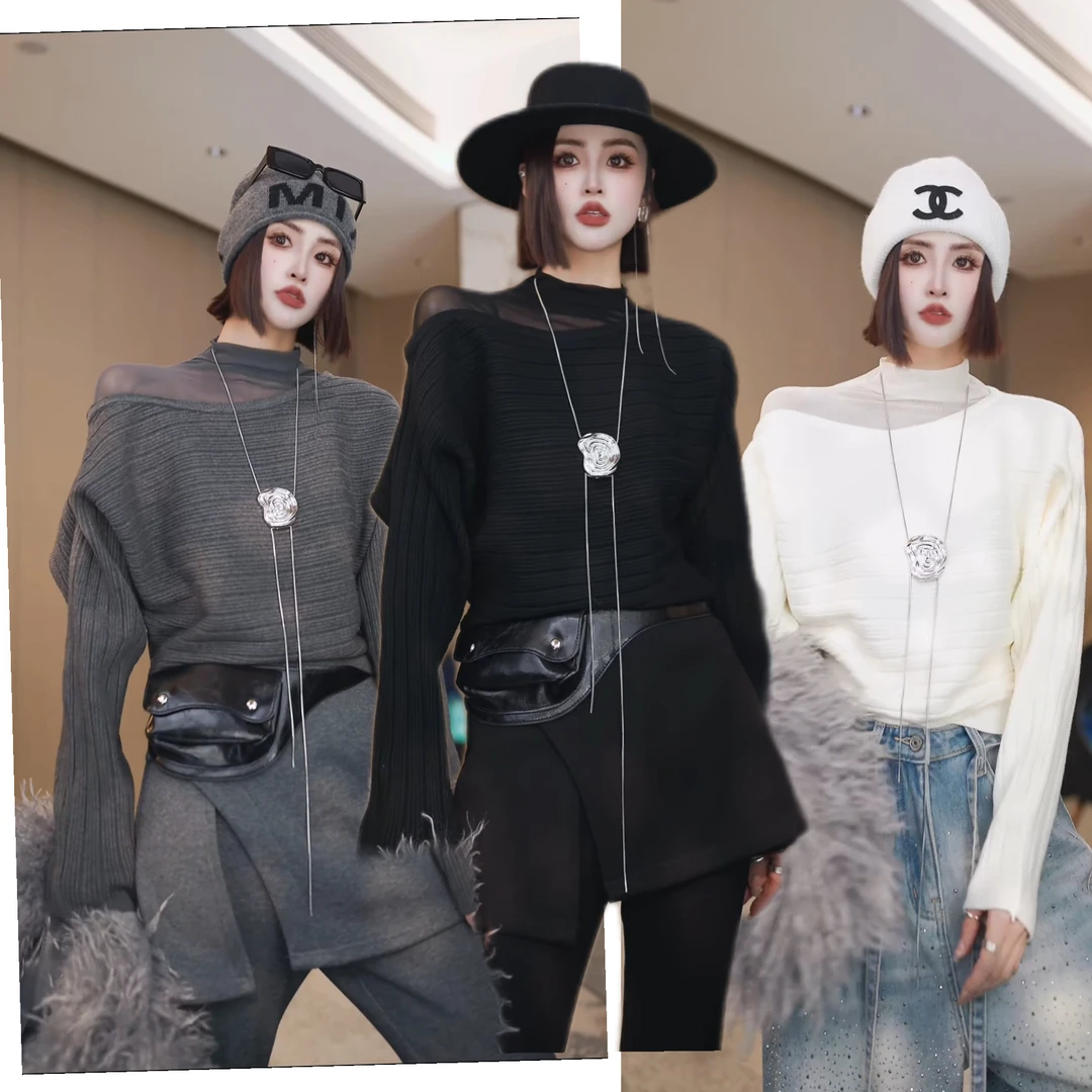 2025秋冬新款斜肩毛毛拼接针织衫女纯欲风气质宽松长袖毛衣W6568