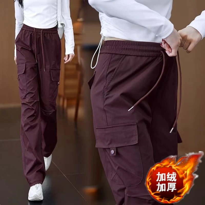 秋冬加绒新款高腰工装裤女休闲宽松显瘦直筒美式高街阔腿运动裤女