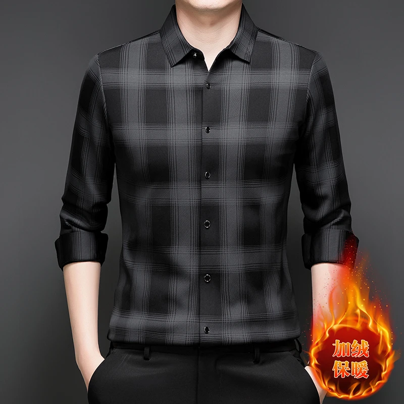 老爷车长袖加绒衬衫冬季保暖不缩水抗皱免烫加厚格纹高档休闲寸衣