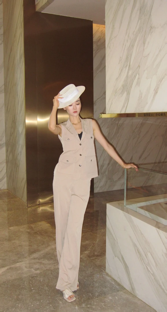 【阿震专属】夏季高级感老钱风时尚套装亚麻马甲阔腿裤两件套HYF