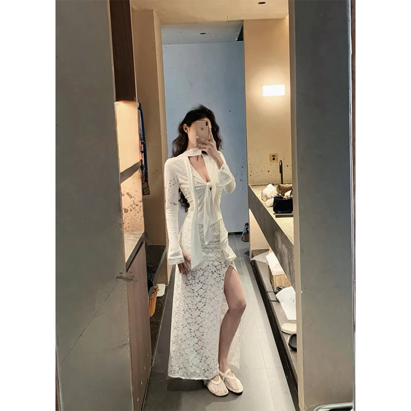 挂脖飘带性感纯欲风长袖上衣女2025新款高腰显瘦蕾丝拼接包臀短裙