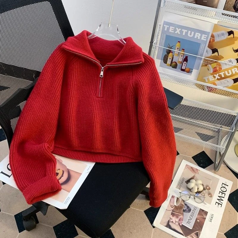 半拉链翻领毛衣女短款小个子春秋季加厚2025新款设计感针织衫上衣