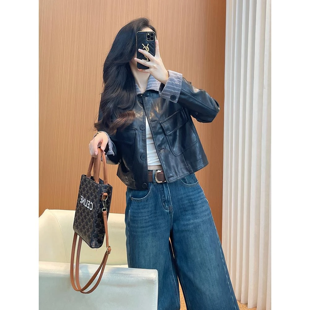 .黑色超火皮衣外套女2025新款早秋穿搭短款小个子拼色单排扣机车.