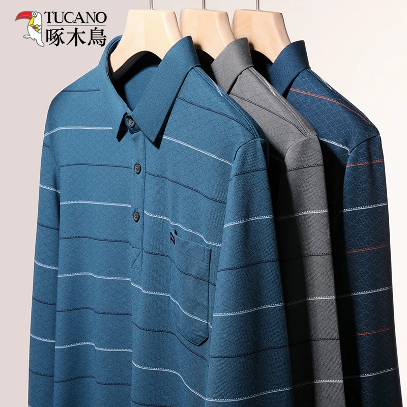啄木鸟男装长袖T恤打底衫中老年宽松爸爸装翻领真口袋POLO衫