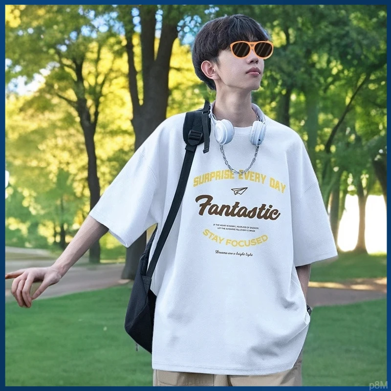 美式复古vintage棉T恤短袖男生夏日印花t恤青少年潮牌重磅体恤衫