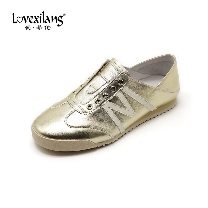 爱希伦德训鞋女春秋季新款女鞋真皮金运动鞋休闲鞋子L2411335X