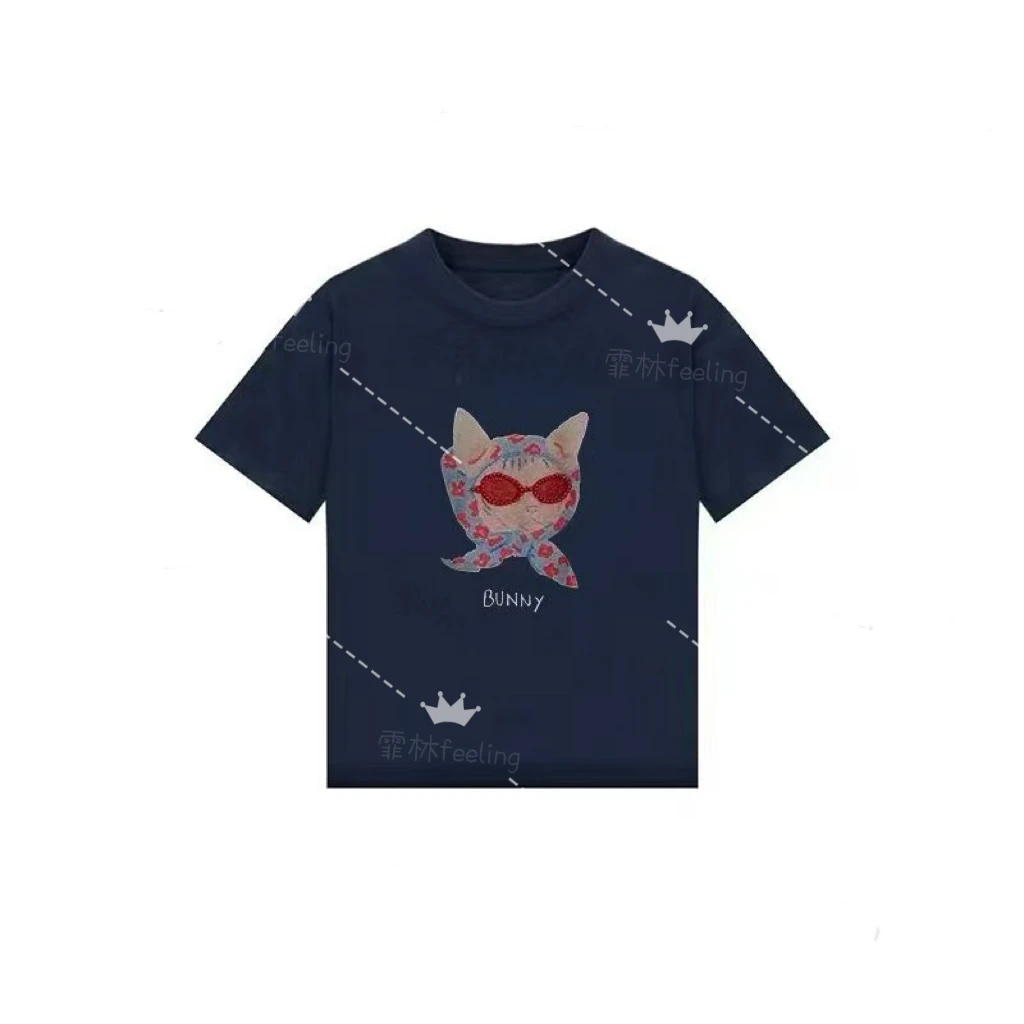 （高克重 ）韩版夏季量工圆领季猫咪ins风短袖T恤印花钉珠短袖上衣