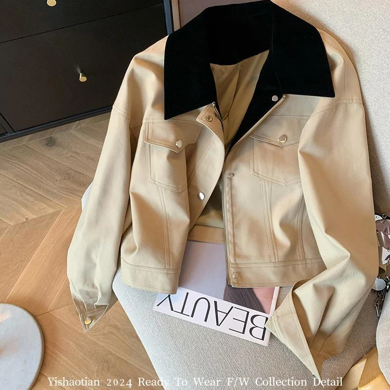 拼接撞色英伦风短外套女2025春季新款复古高级感时尚气质翻领夹克