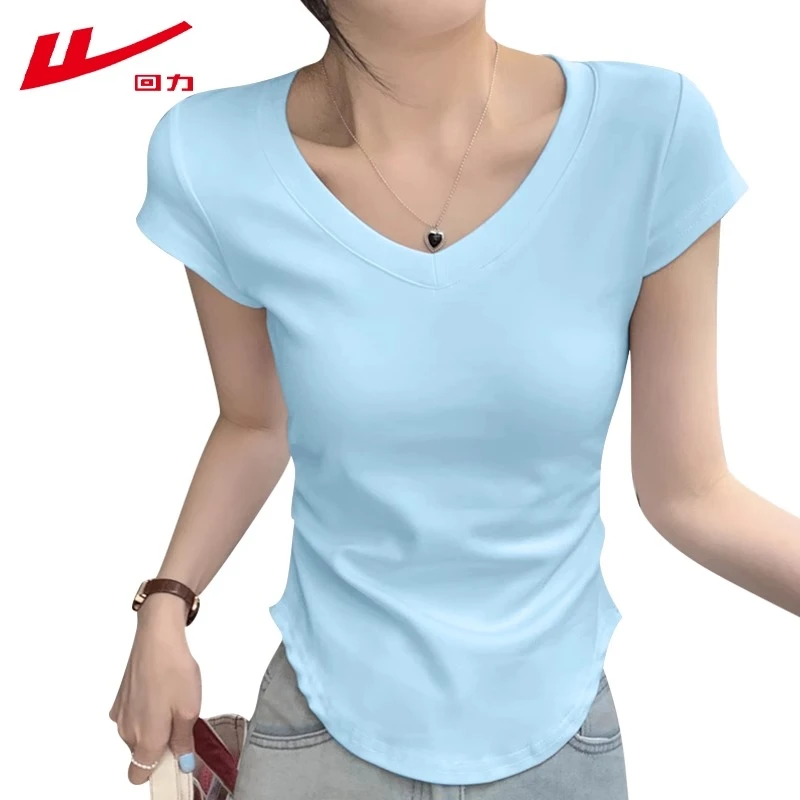 回力2025春夏秋棉运动上衣淡蓝色V领短款修身简约正肩短袖t恤女