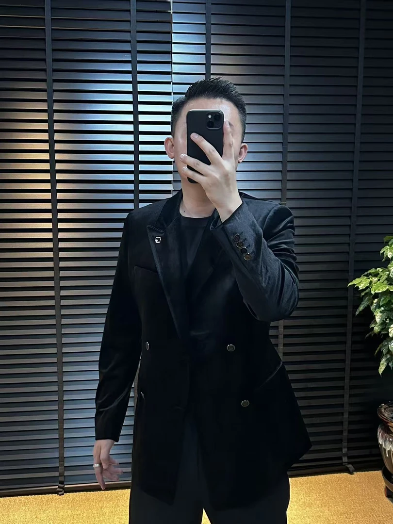 男士新款丝绒韩版网红黑色西服外套西装休闲秋冬双排扣修身