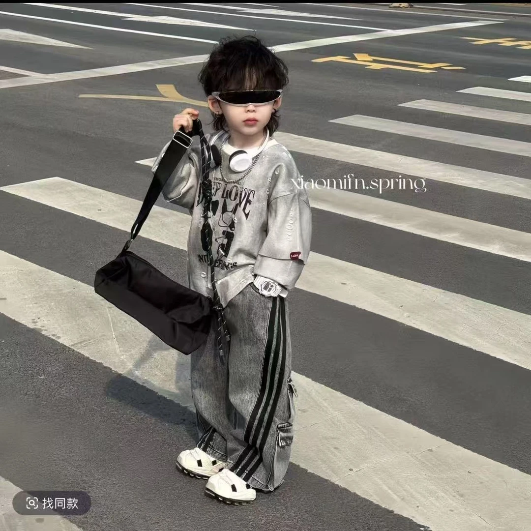 男童秋季套装新款2025儿童假两件宽松卫衣春秋牛仔裤中小童两件套