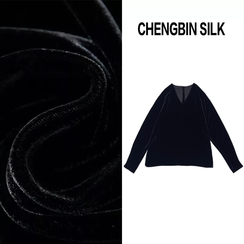 100%桑蚕丝真丝丝绒V领真丝丝绒长袖高端新款上衣192799