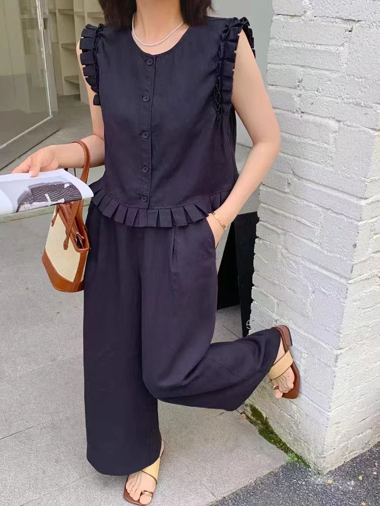 531夏季2025新款时尚木耳边小衫直筒裤两件套显瘦套装女款