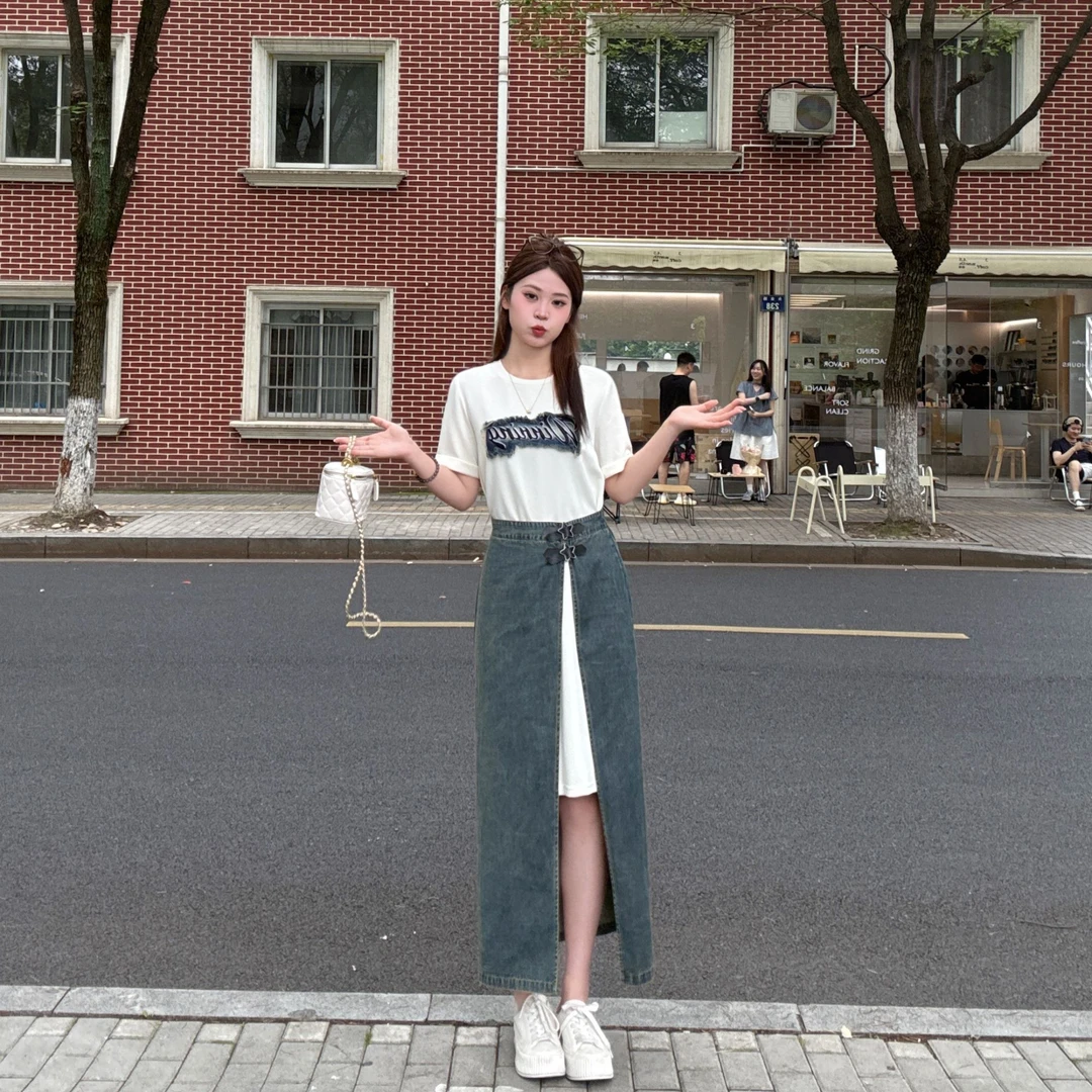 敏敏&南岛风大码女装拼接假两件连衣裙胖mm显瘦遮肉牛仔长裙ZZM76