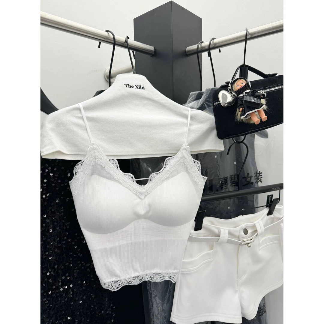 【设计感蕾丝背心】带胸垫纯欲辣妹风内搭吊带一体V领打底上衣