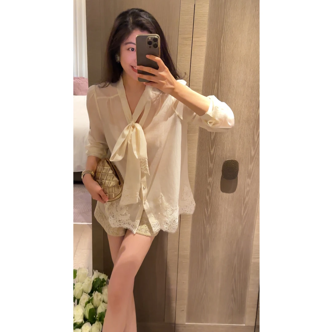 【N·COU】26春新款【春天里】花边刺绣下摆莱赛尔衬衫唐装DY79725