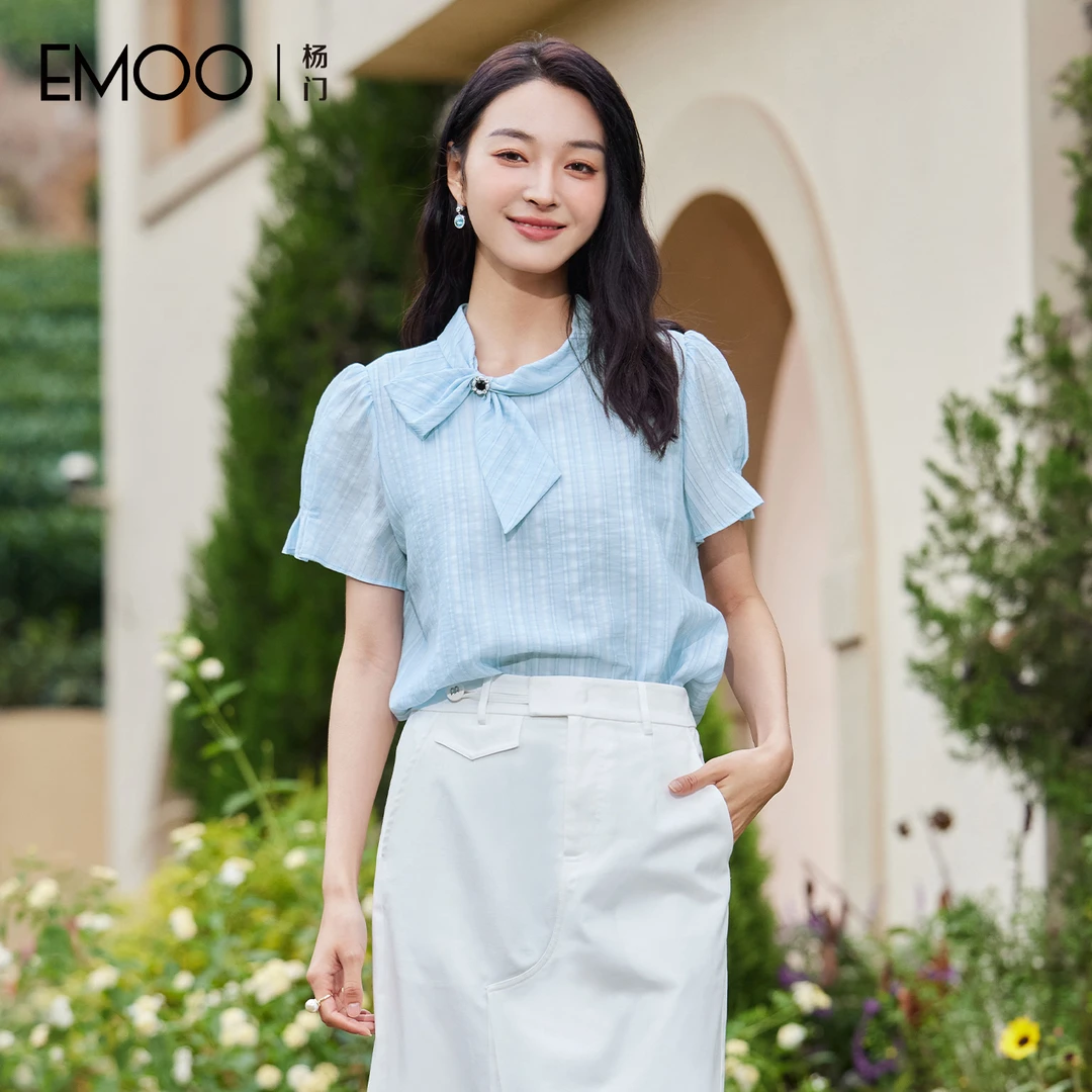 EMOO/杨门短袖百搭圆领衬衣通勤蓝色夏季蝴蝶结衬衫E24T023548