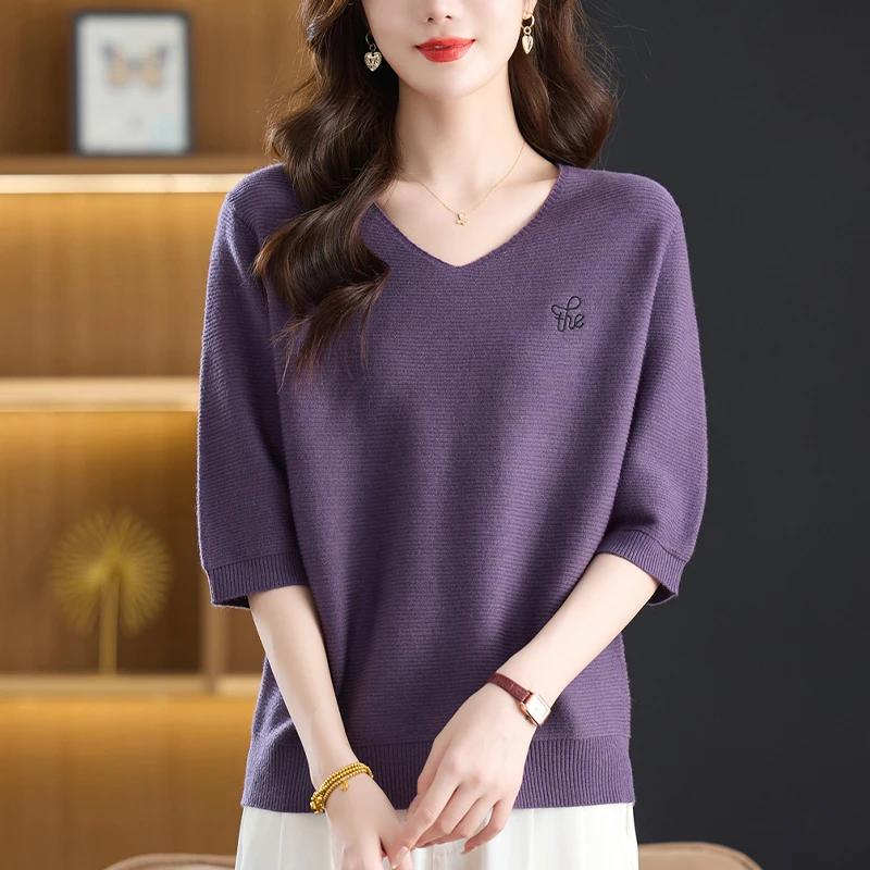 秋装2025新款大码中袖针织衫女士宽松显瘦上衣百搭V领洋气半袖T恤