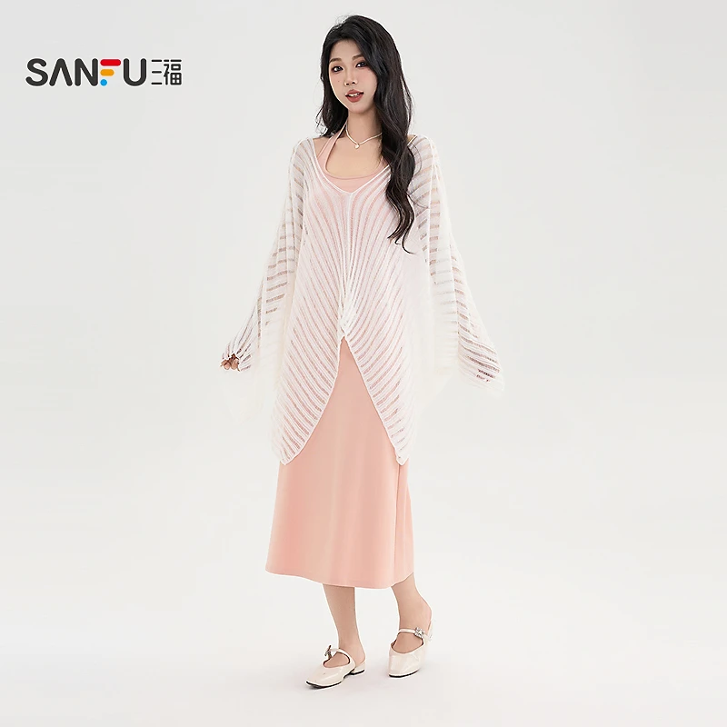 三福【五一穿搭】裙套装挂脖设计罩衫连衣裙两件套裙子女装500833