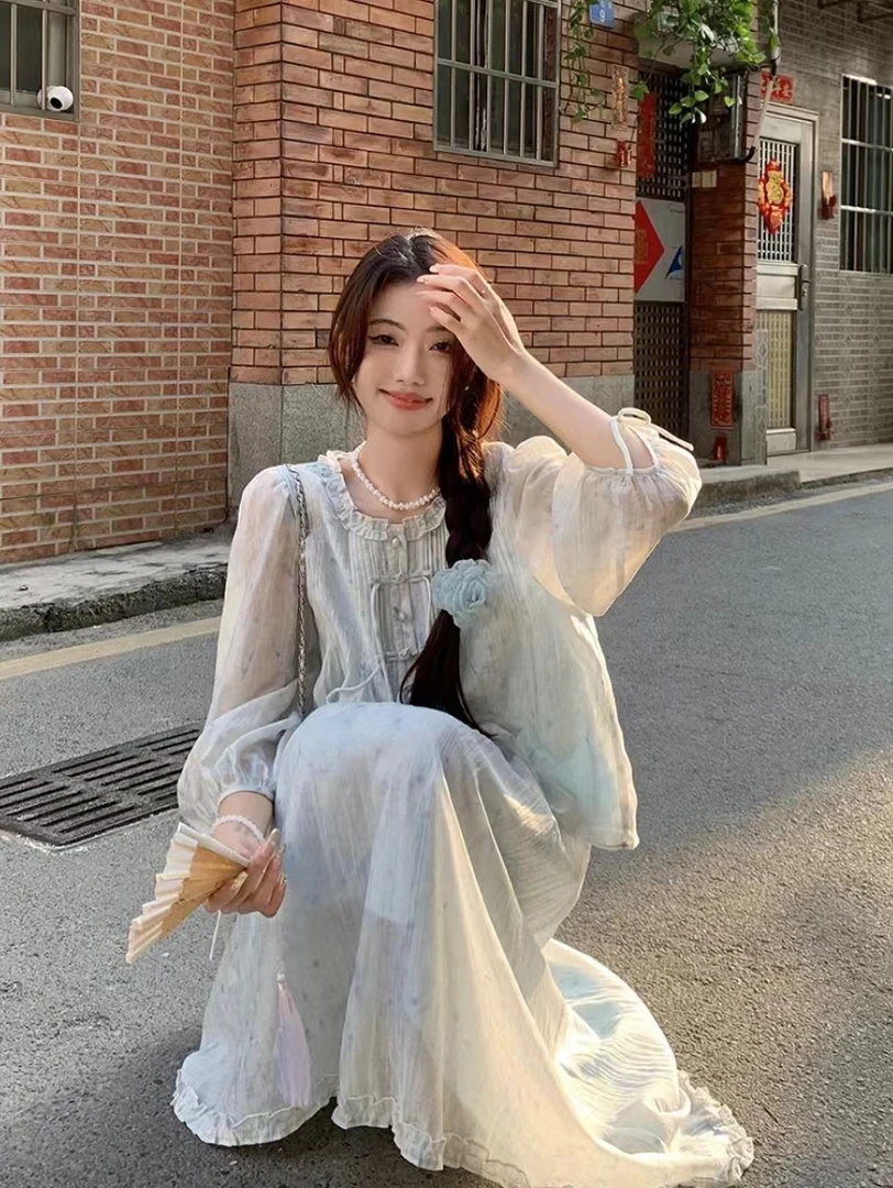 新中式薄荷曼波套装女夏季国风晕染印花 盘扣衬衫A字半身裙两件套