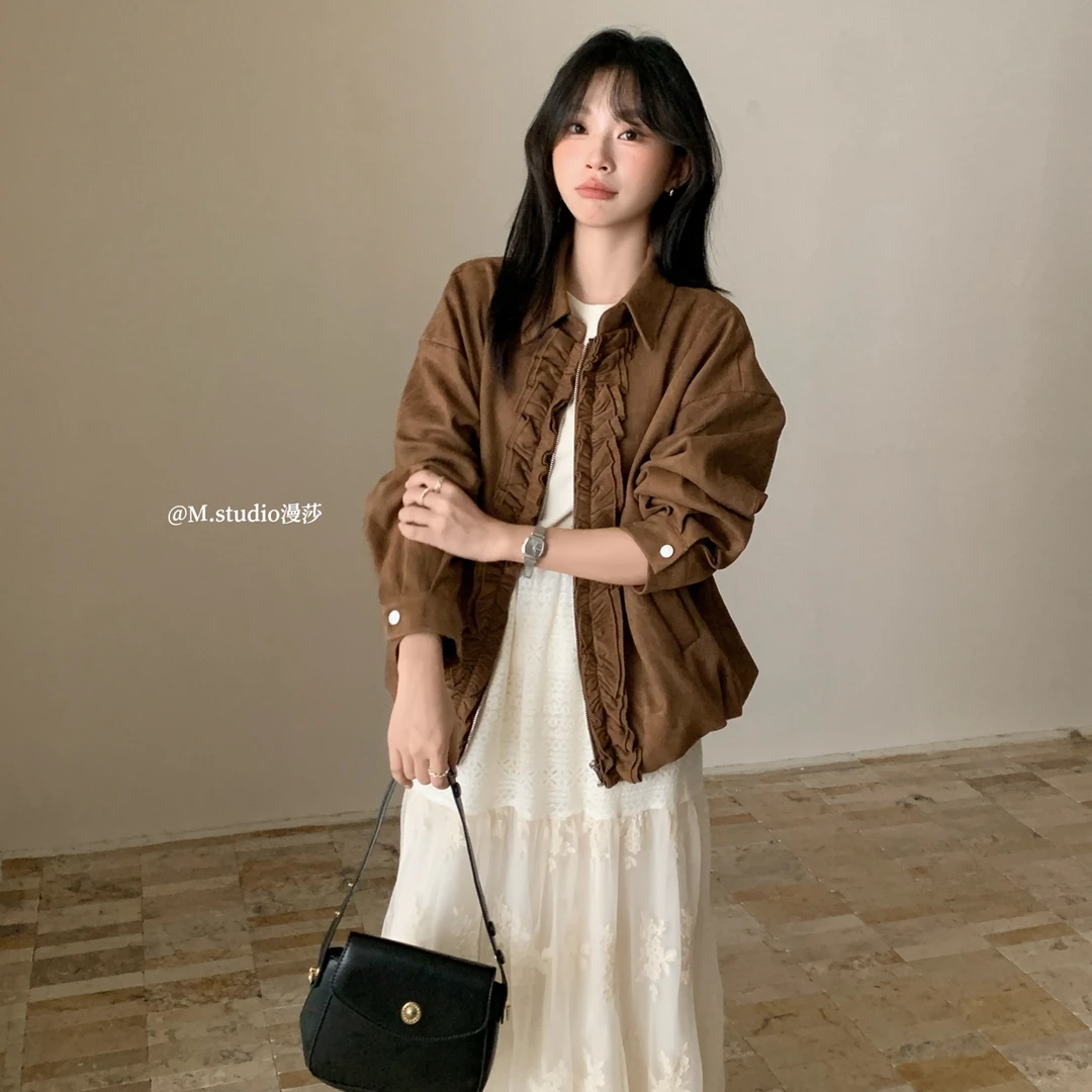 甜美木耳边翻领甜酷机车夹克休闲拉链短外套(麂皮绒)